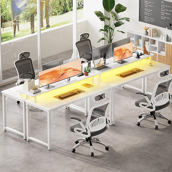 Computer Desk with USB Power Outlets and LED Lights, 55 inch Gaming desk with Monitor Stand for Small Space Home Office, Modern Simple Study Writing Table PC Desks, White - LeafyLoom