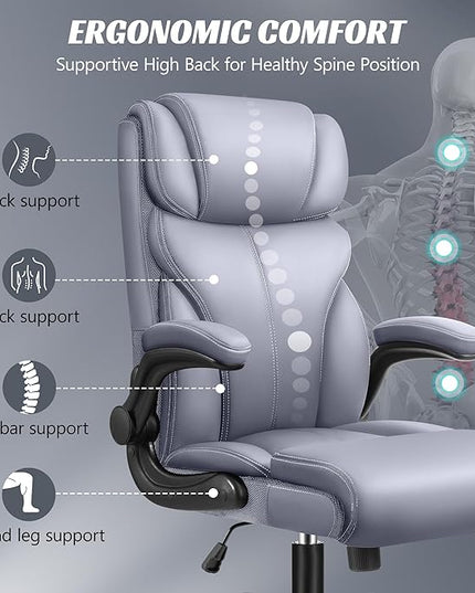 Office Chair, Ergonomic Big and Tall Computer Desk Chairs, Executive Breathable Leather Chair with Adjustable High Back Flip-up Armrests, Lumbar Support Swivel PC Chair with Rocking Function - LeafyLoom