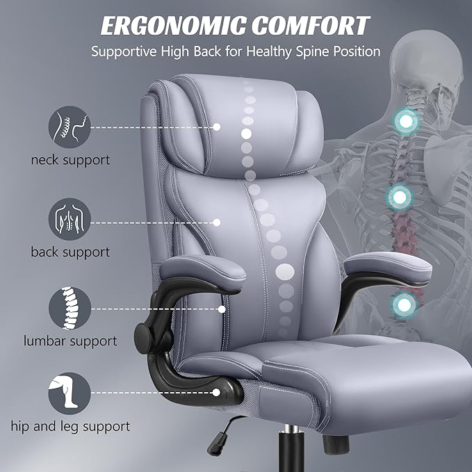 Office Chair, Ergonomic Big and Tall Computer Desk Chairs, Executive Breathable Leather Chair with Adjustable High Back Flip-up Armrests, Lumbar Support Swivel PC Chair with Rocking Function - LeafyLoom