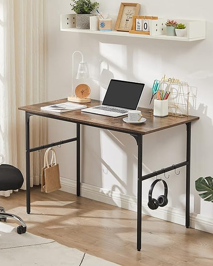 VECELO 44" Computer Writing Desk for Home Office, Study Table Workstation for Small Spaces with 6 Hooks & Adjustable Legs, Metal Frame,Brown, 44Inches - LeafyLoom