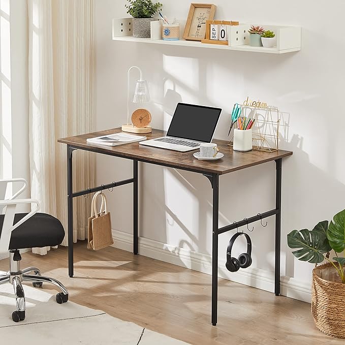 VECELO 44" Computer Writing Desk for Home Office, Study Table Workstation for Small Spaces with 6 Hooks & Adjustable Legs, Metal Frame,Brown, 44Inches - LeafyLoom