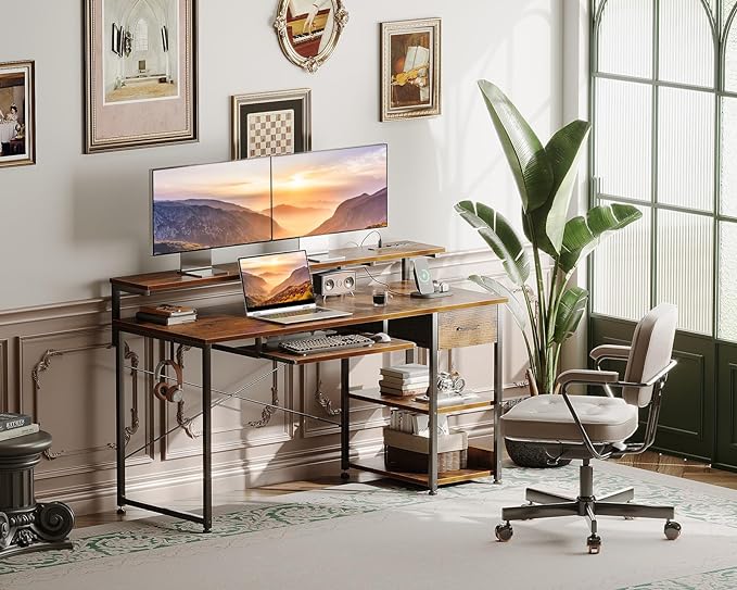 AODK Computer Desk with Keyboard Tray, 55 Inch Office Desk with Power Outlet, Work Desk with Drawer, Reversible Desk with Adjustable Monitor Shelf and Storage Shelf for Home, Rustic Brown - LeafyLoom