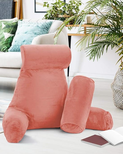 Clara Clark Reading Pillow, Large Back Pillow for Sitting Up in Bed, Memory Foam Back Support Pillow, Reading Pillows for Sitting in Bed Adult, Misty Rose Sit Up Pillow for Bed with Arms and Pockets - LeafyLoom