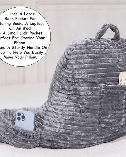 Homie Reading Pillow with Reading Light and Wrist Support, Has Arm Rests, and Back Support for Bed Rest, Lounging, Reading, Working on Laptop, Watching TV (Gray) - LeafyLoom