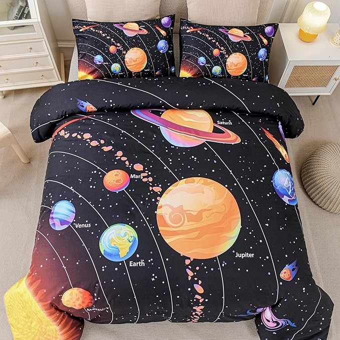 Solar System Comforter Set King Outer Space Room Decor Bedding Set 3 Pieces 1 Planets Theme Comforter and 2 Pillow Shams for Boys Kids Ultra-Soft Microfiber All Seasons for Bedroom Sofa - LeafyLoom