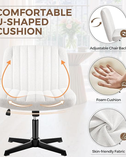 Criss Cross Legged Chair, Armless Swivel Wide Padded Height Adjustable Fabric Home Office, Beige - LeafyLoom