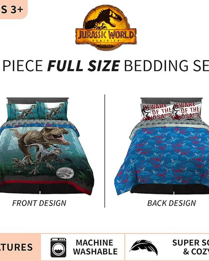 Franco Kids Bedding Super Soft Comforter and Sheet Set, 5 Piece Full Size, Jurassic World Dominion - LeafyLoom