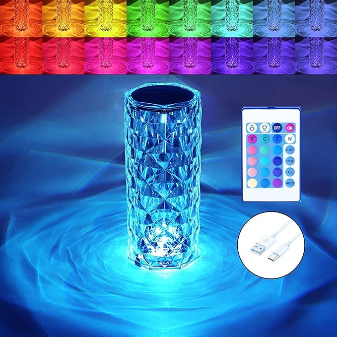 BGFHome Crystal Table Lamp RGB Color Changing Night Light ,Romantic LED Rose Diamond Touch Lamps for Living Room (Remote & Touch - LeafyLoom