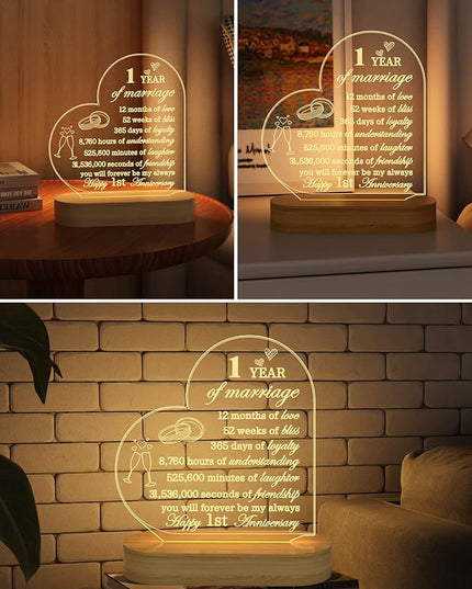FULLOSUN Happy Anniversary Wedding Gift, Anniversary Wedding Gifts, Wedding Gift for Couple, Warm Night Light for Wife Husband Romantic Valentine's Day (Customized Anniversary) - LeafyLoom