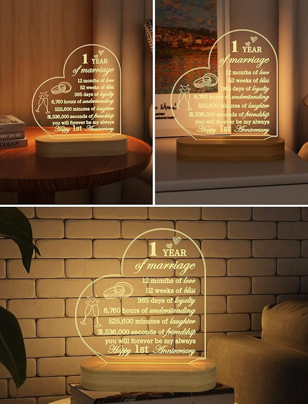 FULLOSUN Anniversary Wedding Gifts for Him/Her, I Love You Night Light 3D Illusion Lamp for Couple Wife Husband Romantic Valentines Wedding Day Present (1st) - LeafyLoom