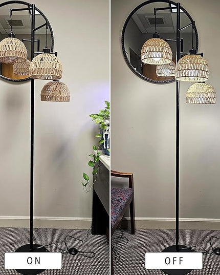 Tree 3-Lights Floor Lamp for Living Room,Bedroom,Rattan Boho Floor Lights,Industrial Black Farmhouse Standing Lamp Wicker Rustic Adjustable Tall Lamp,Woven Bamboo LampShade Floor Lamps Bohemian - LeafyLoom