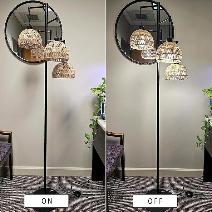 Tree 3-Lights Floor Lamp for Living Room,Bedroom,Rattan Boho Floor Lights,Industrial Black Farmhouse Standing Lamp Wicker Rustic Adjustable Tall Lamp,Woven Bamboo LampShade Floor Lamps Bohemian - LeafyLoom
