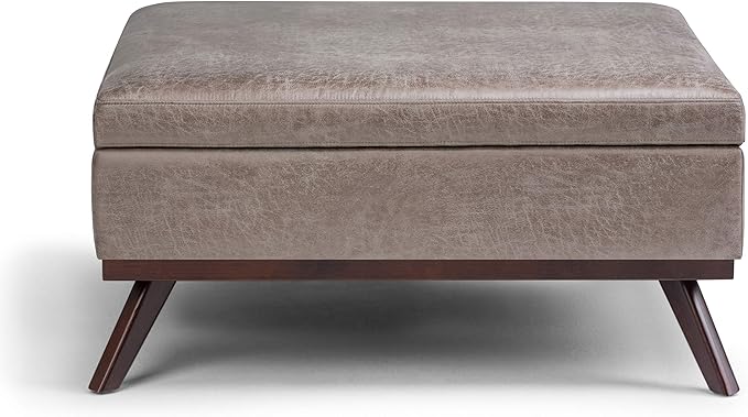 SIMPLIHOME Owen 36 Inch Wide Mid Century Modern Square Coffee Table Lift Top Storage Ottoman in Upholstered Distressed Grey Taupe Faux Leather, For the Living Room - LeafyLoom