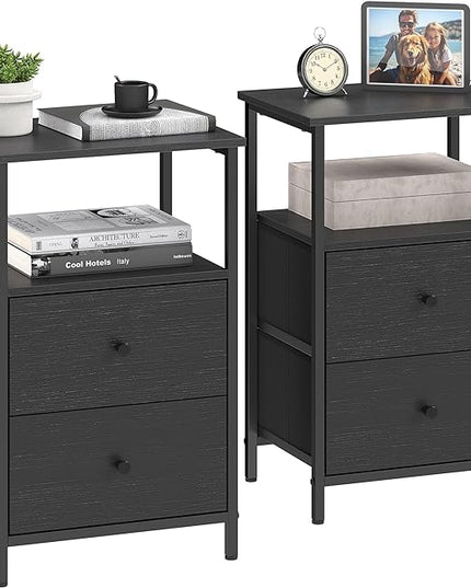 VASAGLE Nightstand Set of 2, Side Tables with 2 Fabric Drawers, 24-Inch Tall End Tables with Storage Shelf, Bedroom, Ash Black and Black ULGS225B21 - LeafyLoom