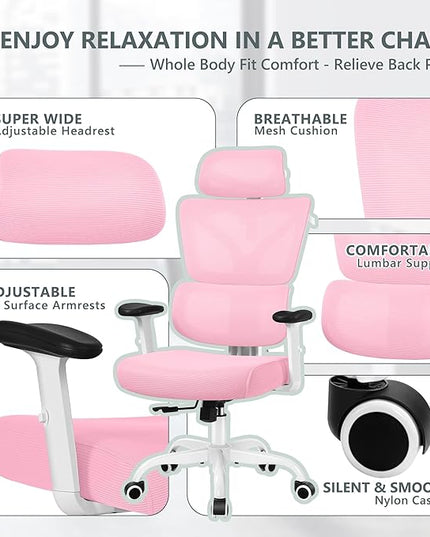 Office Chair Ergonomic Desk Chair, High Back Gaming Chair, Big and Tall Reclining chair Comfy Home Office Desk Chair Lumbar Support Breathable Mesh Computer Chair Adjustable Armrests (Pink) - LeafyLoom
