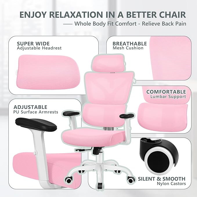 Office Chair Ergonomic Desk Chair, High Back Gaming Chair, Big and Tall Reclining chair Comfy Home Office Desk Chair Lumbar Support Breathable Mesh Computer Chair Adjustable Armrests (Pink) - LeafyLoom