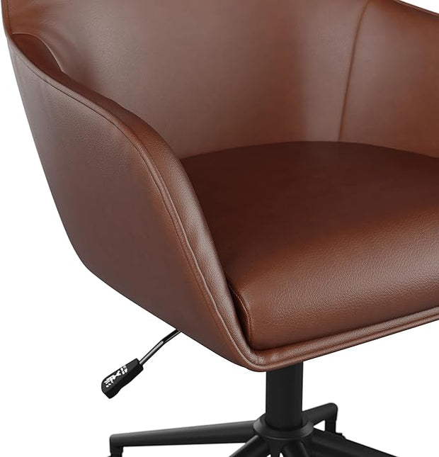 Martha Stewart Rayna Swivel Task Chair with Flared Arms for Home Office in Saddle Brown Faux Leather with Oil Rubbed Bronze Frame - LeafyLoom