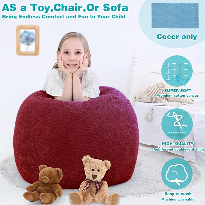 Stuffed Animal Storage Bean Bag Chair Cover (No Beans) for Kids and Adults.Soft Premium Corduroy Stuffable Beanbag for Organizing Children Plush Toys or Memory Foam Small 100L (WineRed) - LeafyLoom