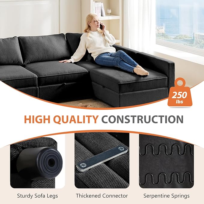 Sweetcrispy Convertible Sectional Sofa Couch, 6 Seat 6 Back Sofa Set with Storage for Living Room, U-Shaped Modern Modular Sofa Sleeper with Ottoman, Comfy Sofa Couch with Extra Deep Seats, Grey - LeafyLoom