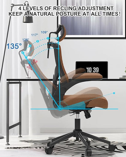 𝑯𝑶𝑴𝑬 𝑶𝑭𝑭𝑰𝑪𝑬 𝑪𝑯𝑨𝑰𝑹, Ergonomic Mesh Desk Chair, High Back Computer Chair- Adjustable Headrest with Flip-Up Arms, Lumbar Support, Swivel Executive Task Chair (Mummy Brown, Modern) - LeafyLoom