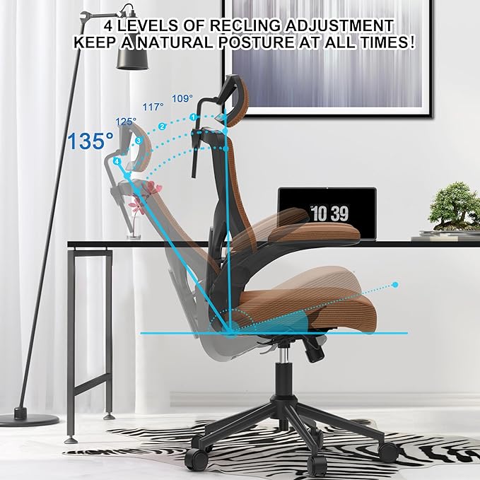𝑯𝑶𝑴𝑬 𝑶𝑭𝑭𝑰𝑪𝑬 𝑪𝑯𝑨𝑰𝑹, Ergonomic Mesh Desk Chair, High Back Computer Chair- Adjustable Headrest with Flip-Up Arms, Lumbar Support, Swivel Executive Task Chair (Mummy Brown, Modern) - LeafyLoom