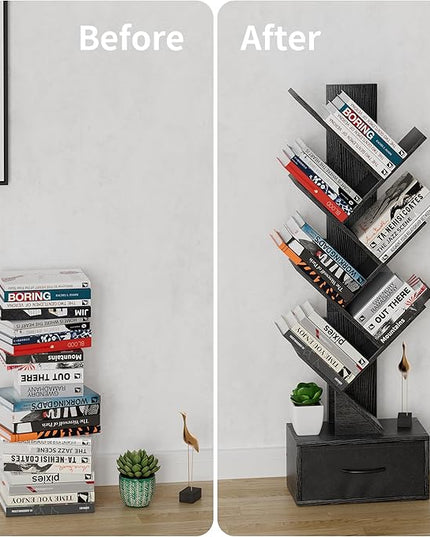 Egepon 6-tier Tree Bookshelf with Drawer Black Book Shelf Storage Rack Floor Standing Bookcase for CDs Movies Books Multifunctional Organizer Shelves for Home Office Living Room Bedroom - LeafyLoom
