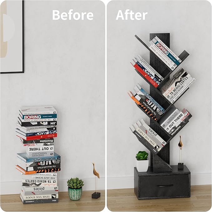 Egepon 6-tier Tree Bookshelf with Drawer Black Book Shelf Storage Rack Floor Standing Bookcase for CDs Movies Books Multifunctional Organizer Shelves for Home Office Living Room Bedroom - LeafyLoom