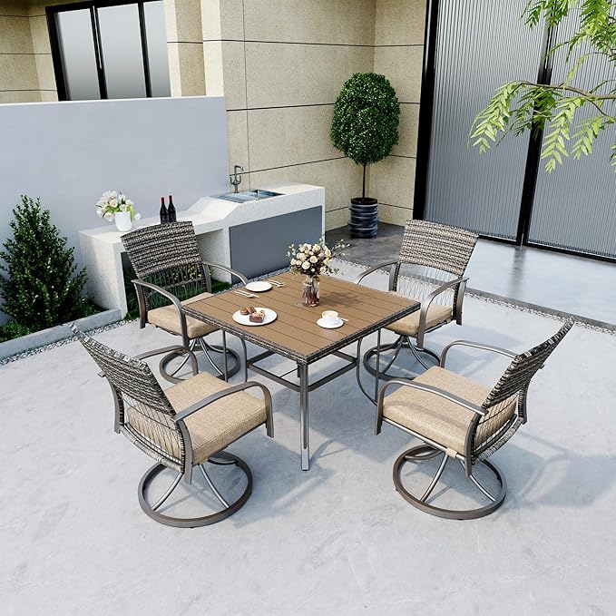 Pamapic 5 Piece Patio Dining Set for 4,Wicker Outdoor Furniture Set for Backyard Garden Deck Poolside with Square Plastic-Wood Table Top,4 Cushions Swivel Rocker Chairs,Removable Cushions(Beige) - LeafyLoom