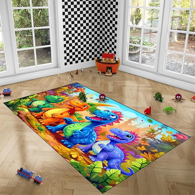 Dinosaur Rug for Boys Room - Colorful Cute Dino Rug for Room Kids Carpet for Bedroom Boys Bedroom Rug Cartoon Dinosaur Rug Cute Dinosaur Rugs for Boys Bedroom,4'5''×6' - LeafyLoom