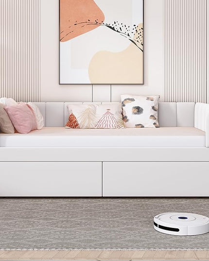 Modern Twin Size Upholstered Daybed Frame with Storage Drawers, Elegant Velvet Fabric Sofa Bed with Ergonomic Design Backrest and Armrests, No Box Spring Needed, Beige - LeafyLoom