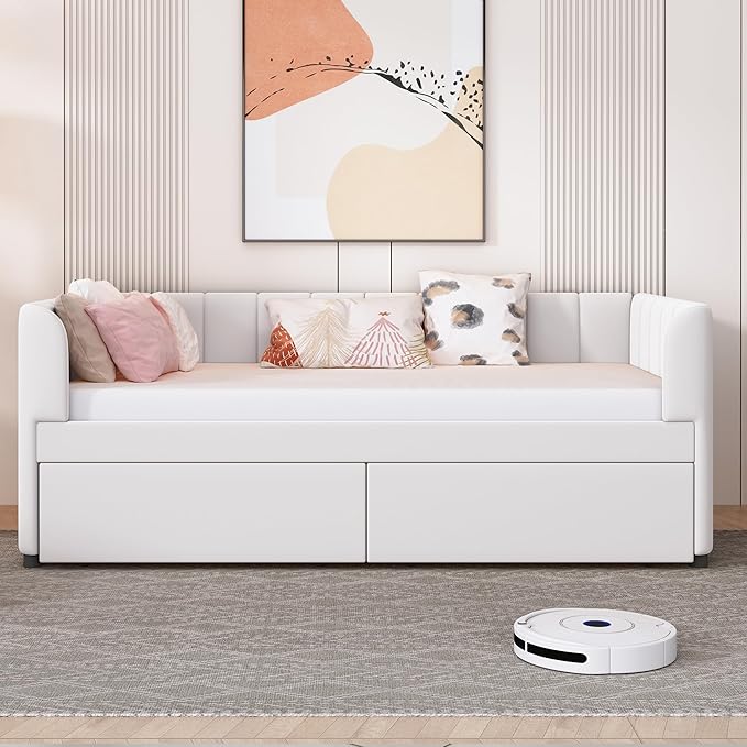 Modern Twin Size Upholstered Daybed Frame with Storage Drawers, Elegant Velvet Fabric Sofa Bed with Ergonomic Design Backrest and Armrests, No Box Spring Needed, Beige - LeafyLoom