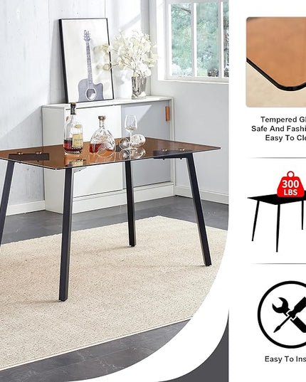 NicBex Modern Minimalist Style Rectangular Tea Brown Glass Dining Table Tempered Glass Tabletop and Black Metal Legs Suitable for Kitchen, Dining Room and Living Room, Dark Brown - LeafyLoom