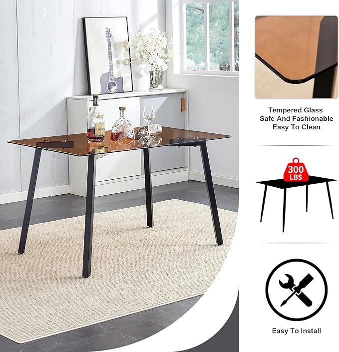 NicBex Modern Minimalist Style Rectangular Tea Brown Glass Dining Table Tempered Glass Tabletop and Black Metal Legs Suitable for Kitchen, Dining Room and Living Room, Dark Brown - LeafyLoom