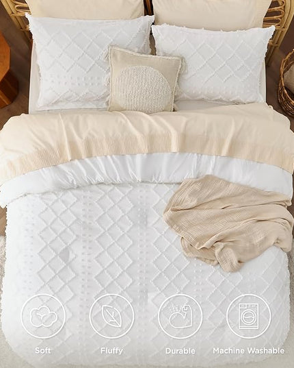 Bedsure Oversized King Comforter - White Comforter Set, Boho Tufted Shabby Chic Bedding Comforter Set, 3 Pieces Farmhouse Bed Set for All Seasons, Fluffy Soft Bedding Set with 2 Pillow Shams - LeafyLoom