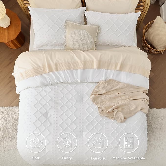 Bedsure Oversized King Comforter - White Comforter Set, Boho Tufted Shabby Chic Bedding Comforter Set, 3 Pieces Farmhouse Bed Set for All Seasons, Fluffy Soft Bedding Set with 2 Pillow Shams - LeafyLoom