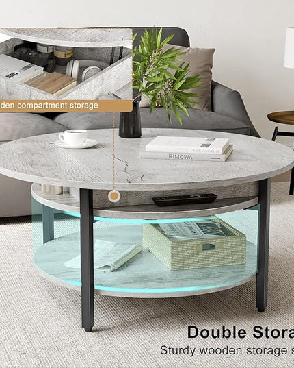 FABATO Round Lift Top Coffee Table, 35.43’’ Circle Coffee Table with Storage for Living Room Reception Room, Farmhouse 2 Tier Large Round Dining Table, Wood, Gray - LeafyLoom