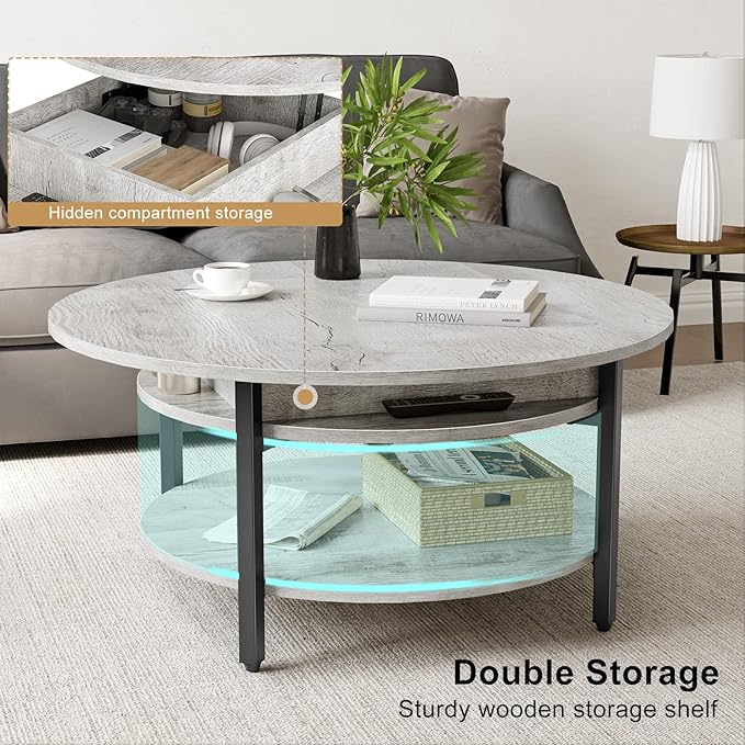 FABATO Round Lift Top Coffee Table, 35.43’’ Circle Coffee Table with Storage for Living Room Reception Room, Farmhouse 2 Tier Large Round Dining Table, Wood, Gray - LeafyLoom