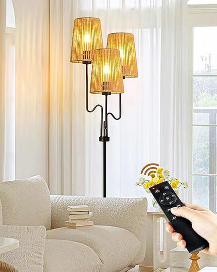 Rattan Floor Lamp for Living Room,Boho Floor Lamps Flower Standing Lamp with Remote,Dimmable Tree 3 Light Tall Lamp Farmhouse Wicker Bamboo Lamp Shade,Floor Light for Bedroom Bohemian Decor - LeafyLoom