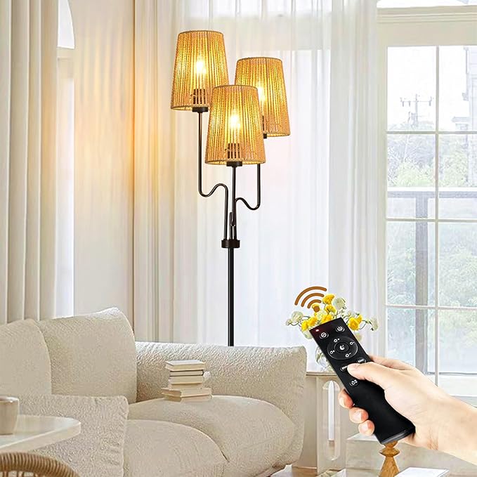 Rattan Floor Lamp for Living Room,Boho Floor Lamps Flower Standing Lamp with Remote,Dimmable Tree 3 Light Tall Lamp Farmhouse Wicker Bamboo Lamp Shade,Floor Light for Bedroom Bohemian Decor - LeafyLoom
