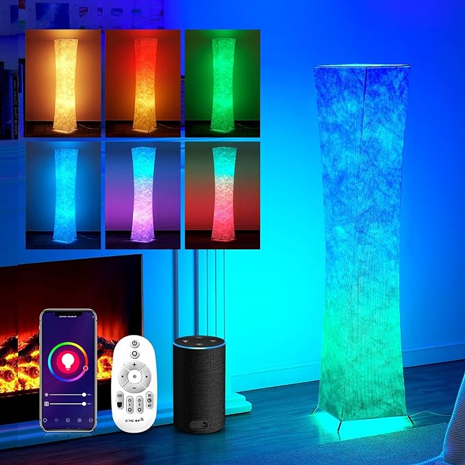chiphy Floor lamp, RGB Standing Lamps for Bedroom, 7 Colors Changing and Dimmable LED Bulbs, Remote Control and White Fabric Shade, Modern Light for Living Room and Play Room - LeafyLoom
