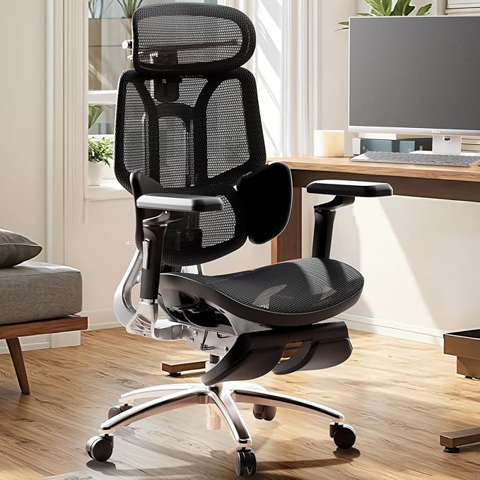 Hbada E3 Ergonomic Office Chair Ultra, Big and Tall Office Chair - with 3-Zone Dynamic Lumbar Support, 360° Mechanical Armrests, 4D Adjustable Headrest, Aluminum Alloy, Premium Mesh, Black - LeafyLoom