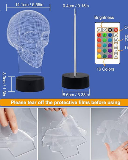 FULLOSUN Skull 3D Lamp Optical Illusion Night Light, Death Model Holiday Gift for Holloween Ghost Festival, Men Room Night Light with Remote Control 16 Colors Changing - LeafyLoom