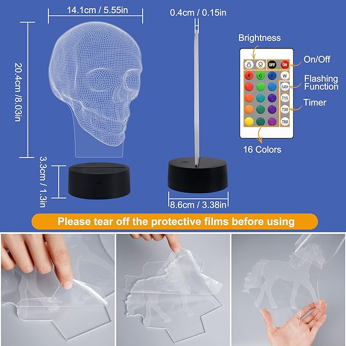 FULLOSUN Skull 3D Lamp Optical Illusion Night Light, Death Model Holiday Gift for Holloween Ghost Festival, Men Room Night Light with Remote Control 16 Colors Changing - LeafyLoom