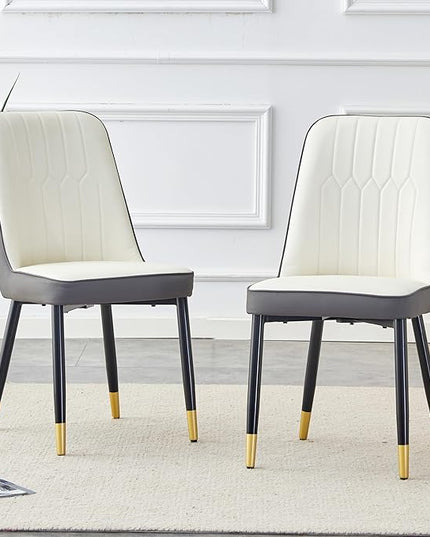 Modern Set of 2, Faux Leather Dining PU Upholstered Kitchen Chair with Black Golden Metal Legs for Home Living Room, Restaurant, 2 Piece, White+gray - LeafyLoom