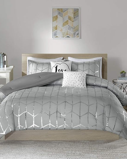 Intelligent Design Raina Full / Queen Comforter Set, Soft Microfiber Comforter Set Queen, Modern Geometric Metallic Bed Set, 5 Pieces College Bedding Comforter Set with 2 Shams, 2 Toss Pillows Grey - LeafyLoom