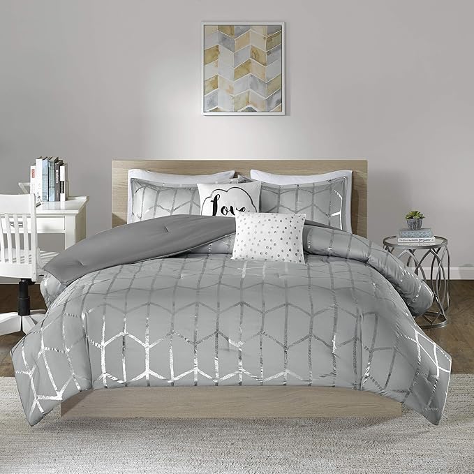 Intelligent Design Raina Full / Queen Comforter Set, Soft Microfiber Comforter Set Queen, Modern Geometric Metallic Bed Set, 5 Pieces College Bedding Comforter Set with 2 Shams, 2 Toss Pillows Grey - LeafyLoom