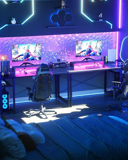 39.4'' Gaming Desk with LED, 39 Computer Desk with Outlets, Small Desk for Small Space, Simple Study Student Writing Desk with Monitor Stand, Laptop Table for Home Office, Grey and Black - LeafyLoom