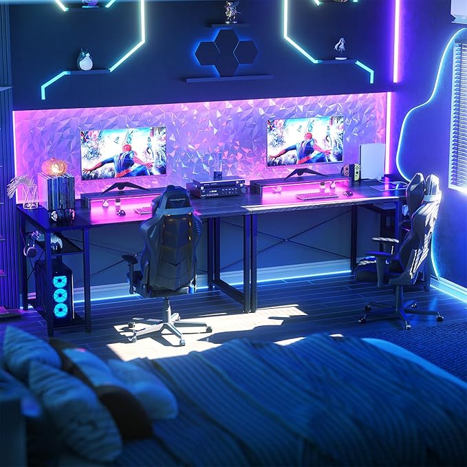 39.4'' Gaming Desk with LED, 39 Computer Desk with Outlets, Small Desk for Small Space, Simple Study Student Writing Desk with Monitor Stand, Laptop Table for Home Office, Grey and Black - LeafyLoom