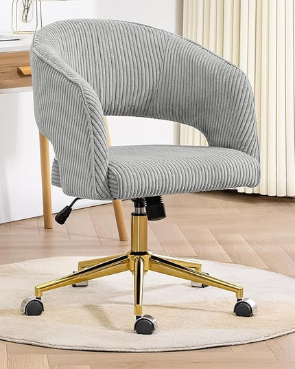Office Desk Chair, Corduroy Ergonomic Office Chair with Wheels, Computer Swivel Rolling Chair, Comfy Vanity Desk Chairs for Bedroom, Living Room, Study, Light Grey - LeafyLoom