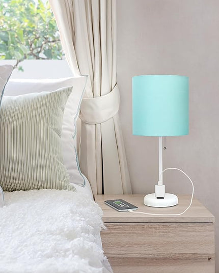 Simple Designs LT1144-AOW Sleek and Slender White Table Lamp with Charging Outlet, for Bedroom, Living Room, Entryway, Office, Dining Room, Study, Aqua Shade - LeafyLoom
